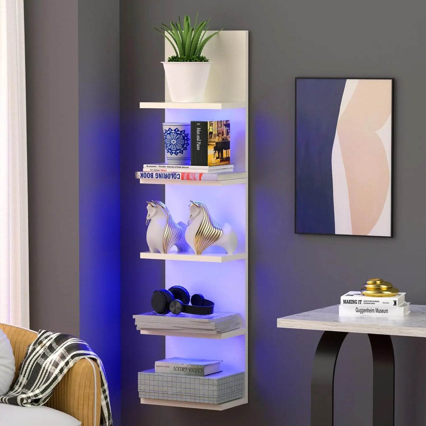 5 Tier Vertical Wall Shelf with RGB Light,Modern Wall Mount Lack Shelf