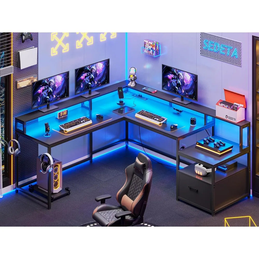 L Shaped Gaming Desk, 66" Home Office Desk with File Drawer & Power Outlet, Corner Gaming Computer Desk with Led Lights