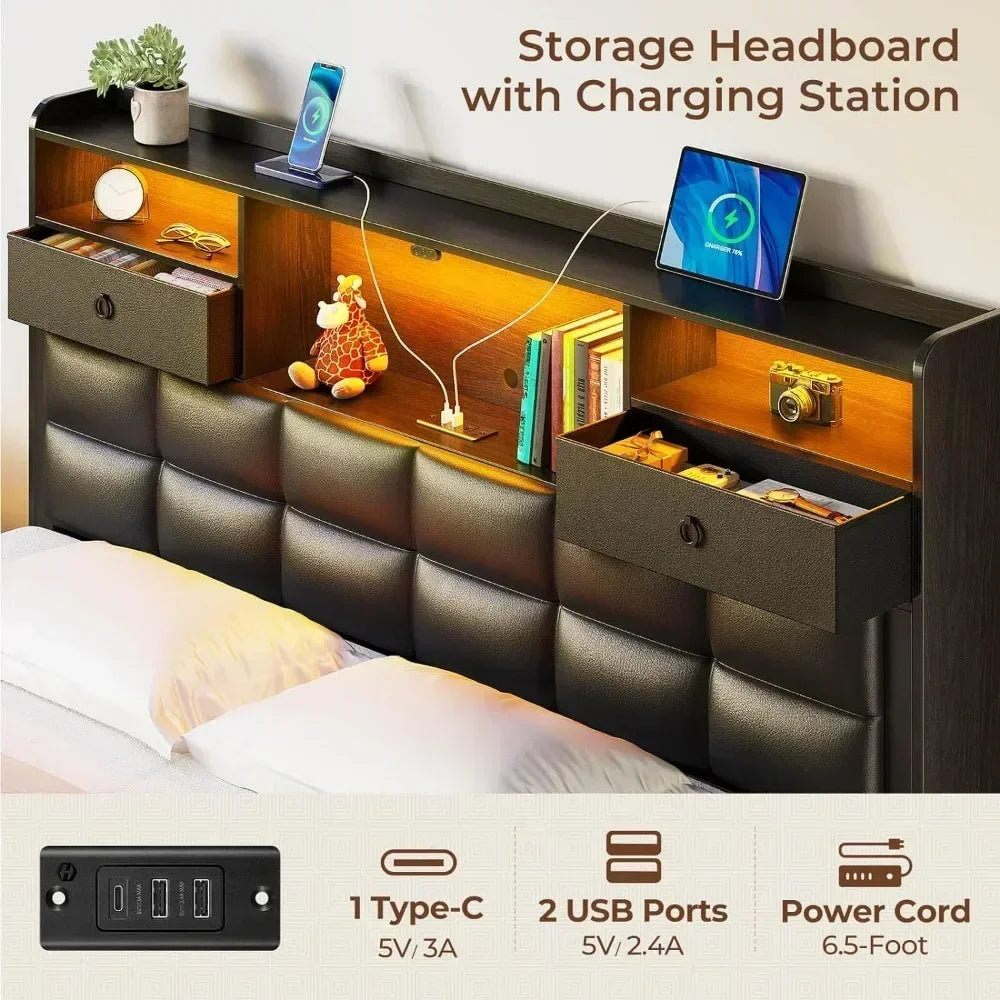 LED Bed Frame with Drawers and Charging Station