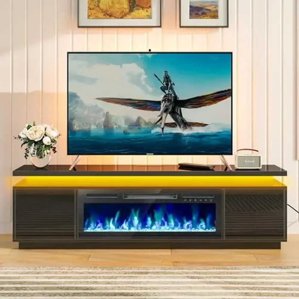 Fireplace TV Entertainment Center with Adjustable LED Lights Power Outlets and Swivel Mount