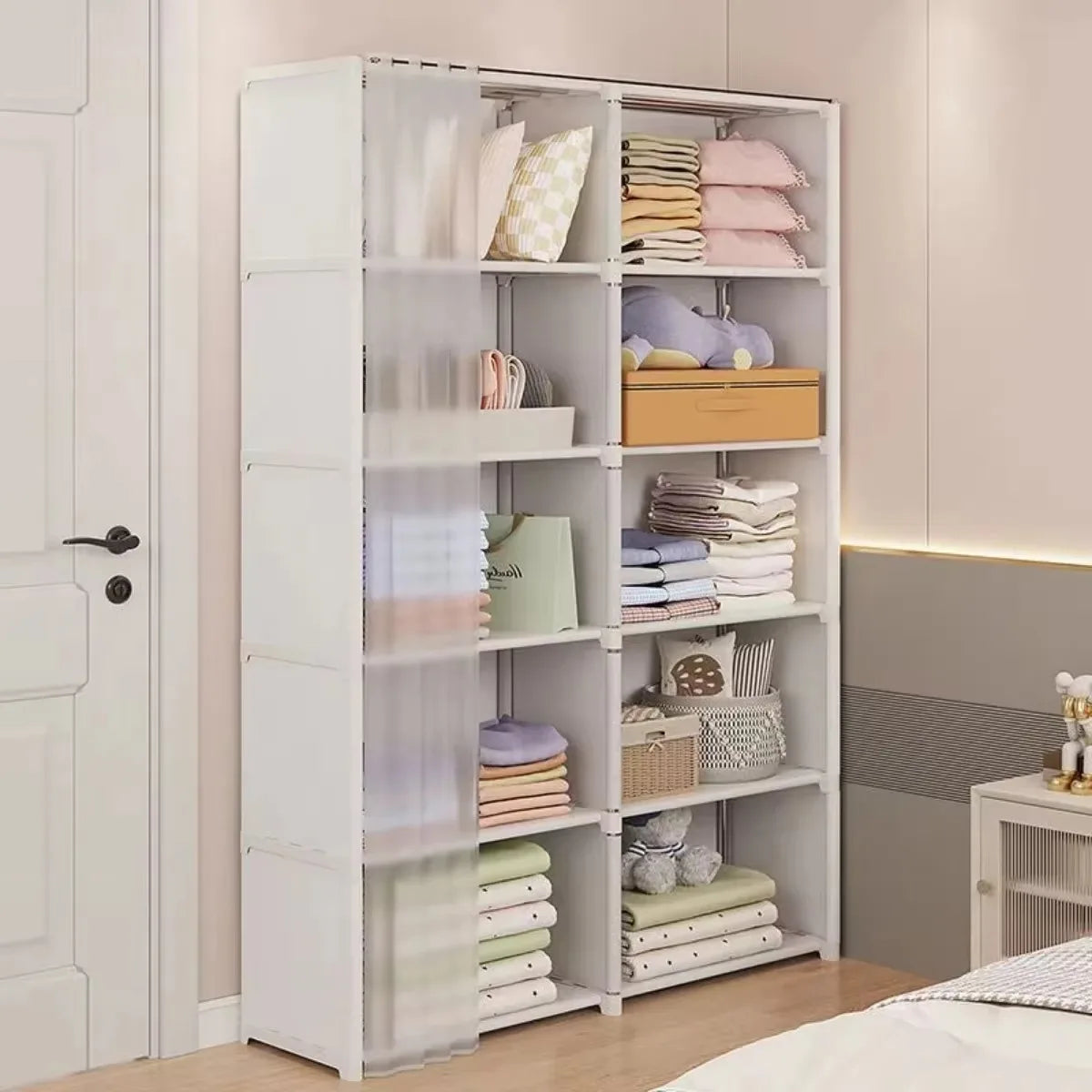 1/2pcs Simple Dustproof Wardrobe High Capacity Multi-Layer Storage Rack Bedroom Partition Bookshelf Closet Organizer Furniture