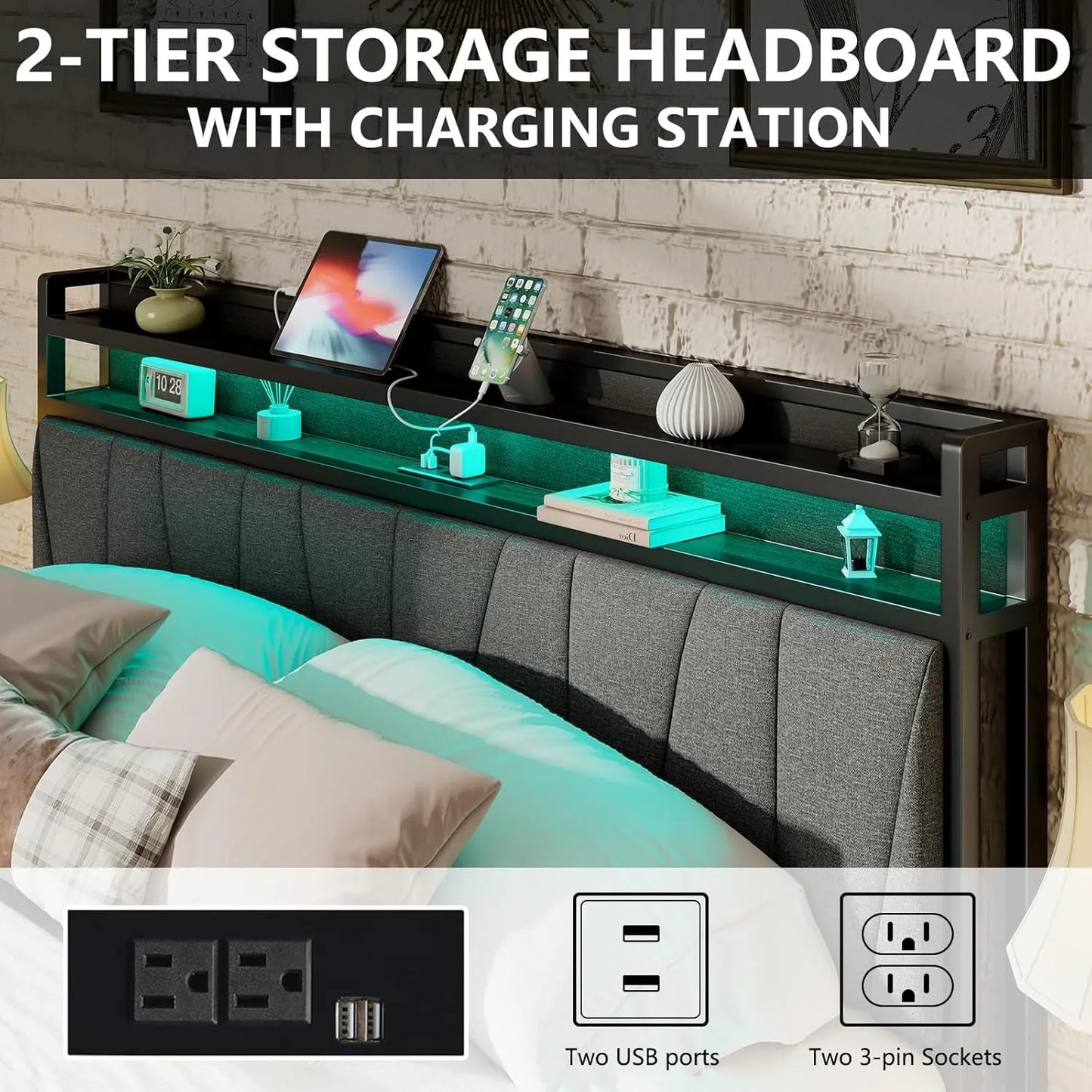 Queen Size LED Bed Frame with LED Lights & Charging Station, with 2-Tier Storage,