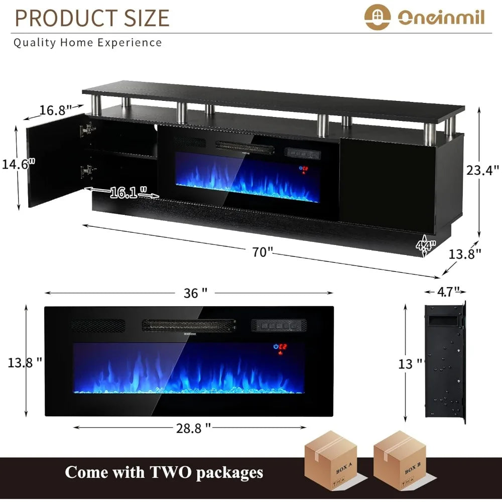 70" Modern Electric Fireplace LED Entertainment Center for TVs Up to 80"