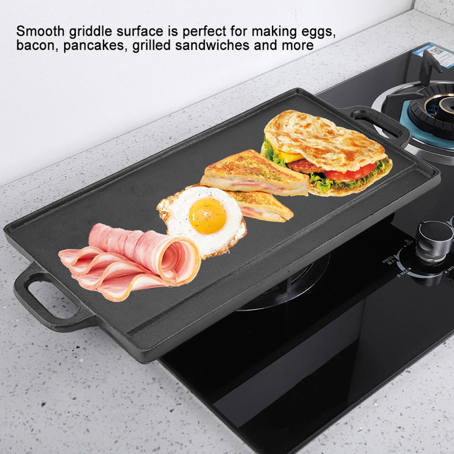 Non-Stick Cast Iron Grill Griddle Pan Ridged and Flat Double Sided Baking Cooking Tray Bakeware Griddle Pan Cast Iron Grill Pan