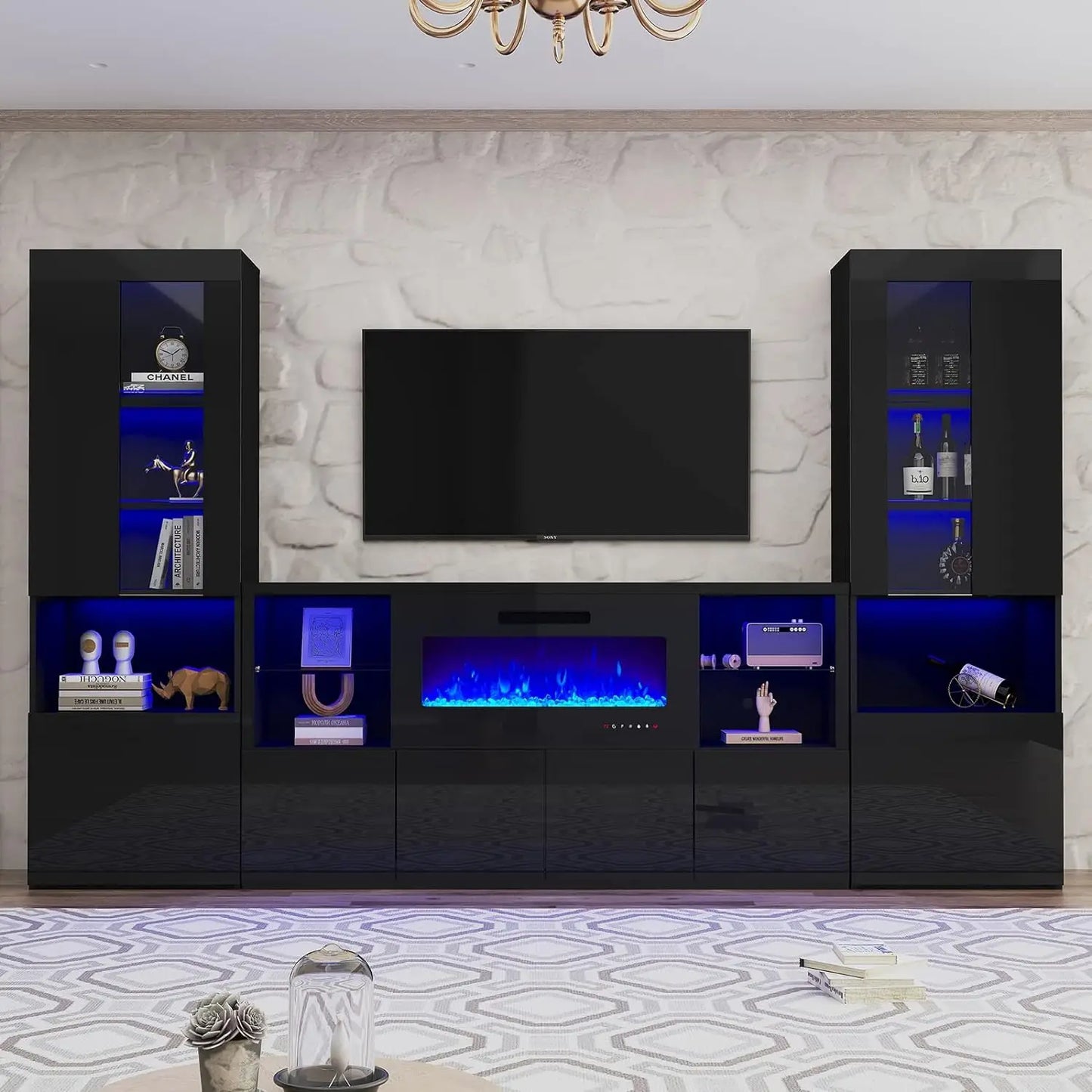 3 Piece Modern High Gloss Fireplace TV Stand + Bookcase Set for Living Room Includes 68" TV Stand with 40" Fireplace