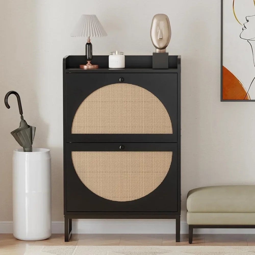 Shoe Cabinet with 2 Handmade Natural Rattan Flip Drawers