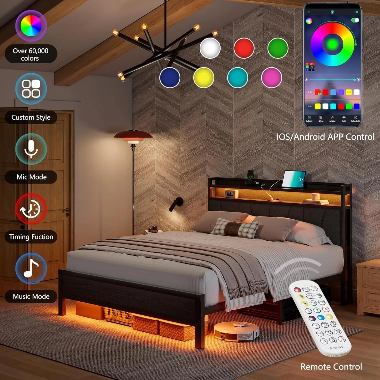 Queen Size LED Bed Frame with LED Lights & Charging Station, with 2-Tier Storage,