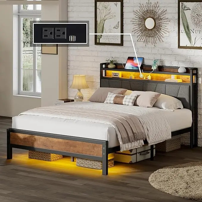 Queen Size LED Bed Frame with LED Lights & Charging Station, with 2-Tier Storage,