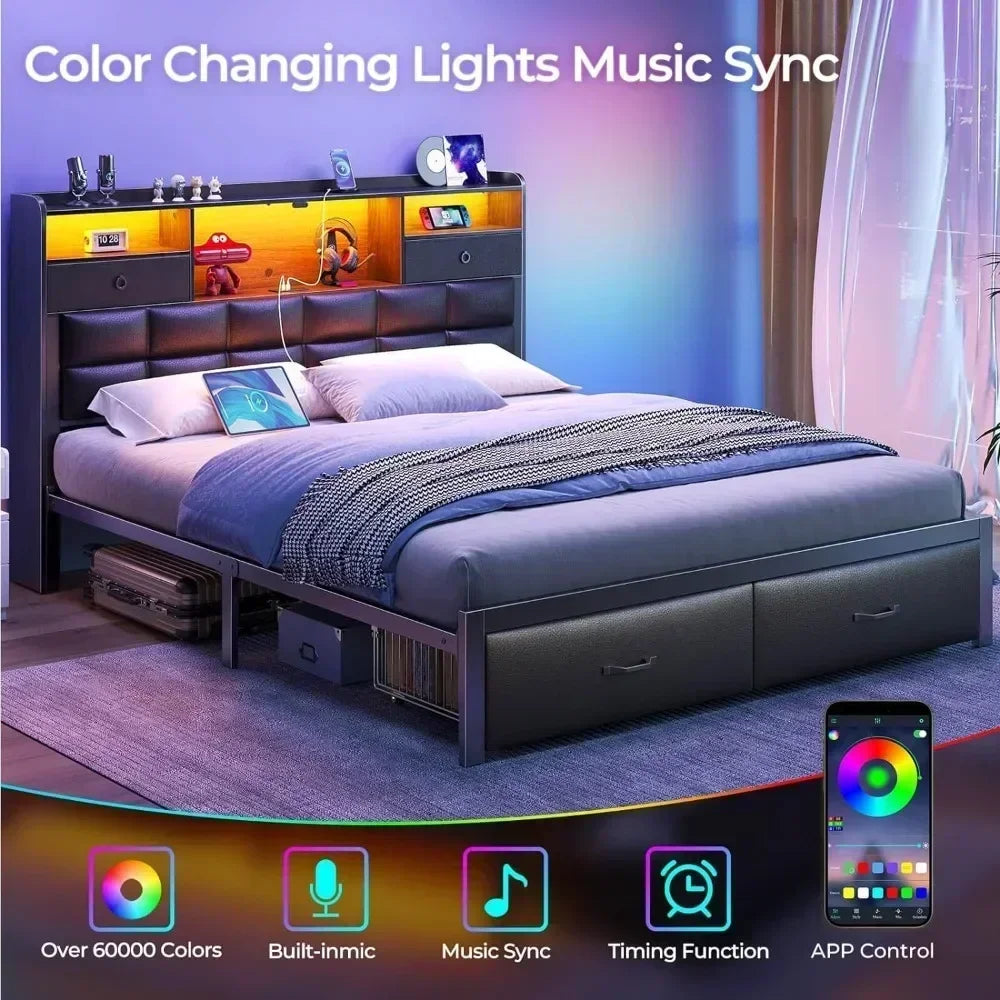 LED Bed Frame with Drawers and Charging Station