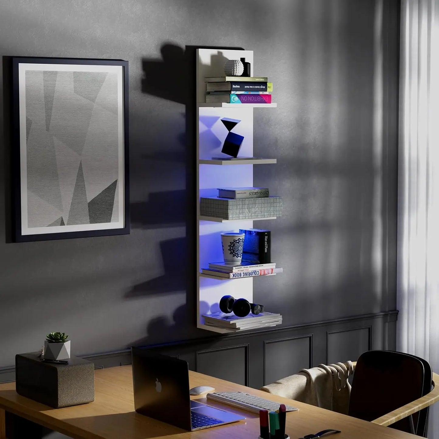 5 Tier Vertical Wall Shelf with RGB Light,Modern Wall Mount Lack Shelf