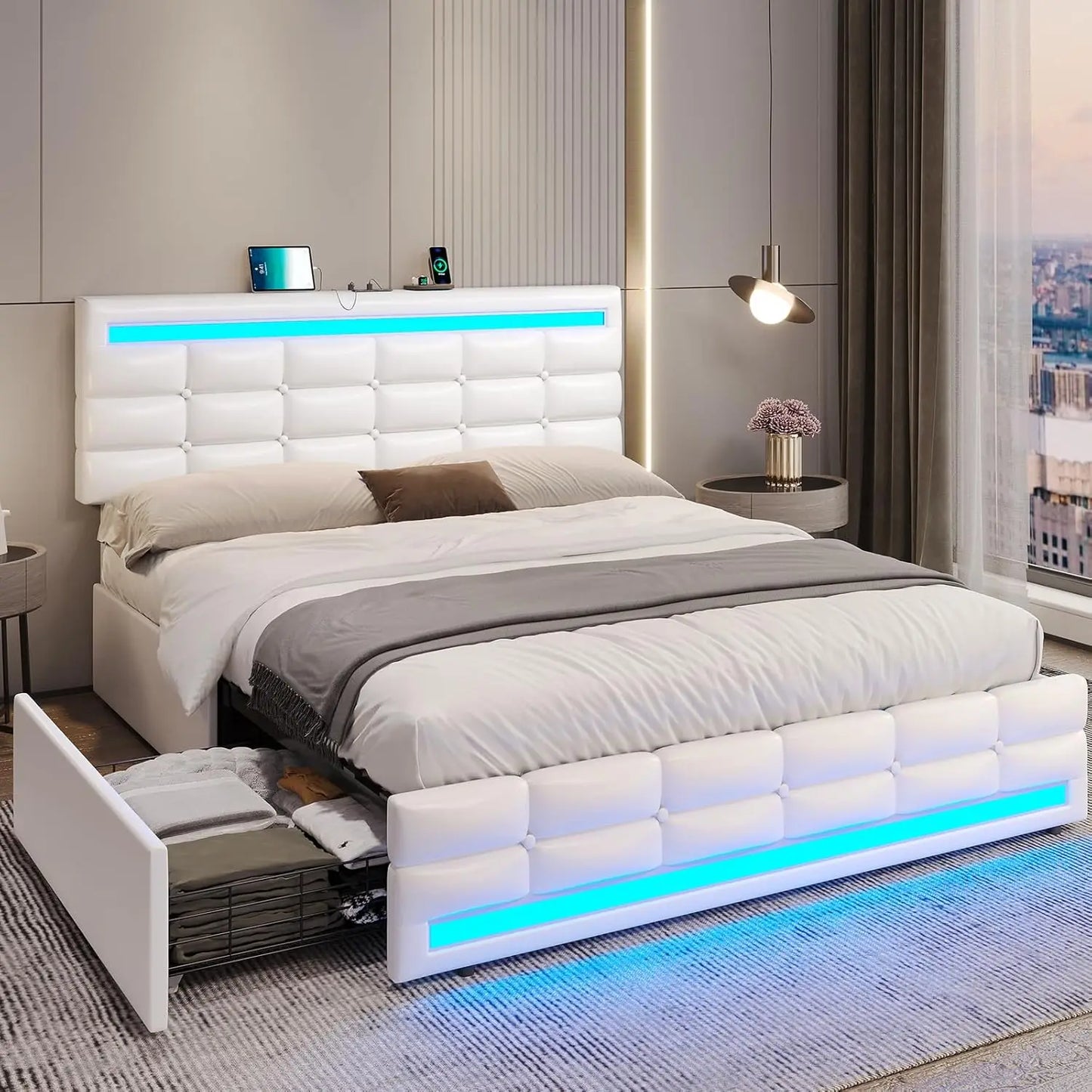 LED Full Size Upholstered Platform Bed Frame