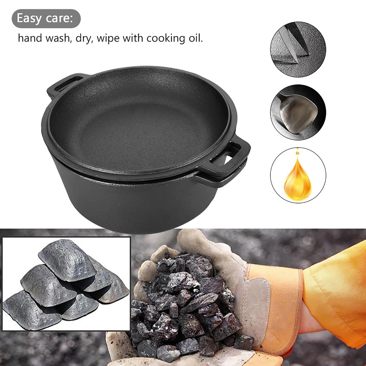 Cast Iron Dutch Oven Pot with Skillet Lid Cooking Pan, Cast Iron Skillet Cookware Pan Set with Dual Handles Indoor Outdoor