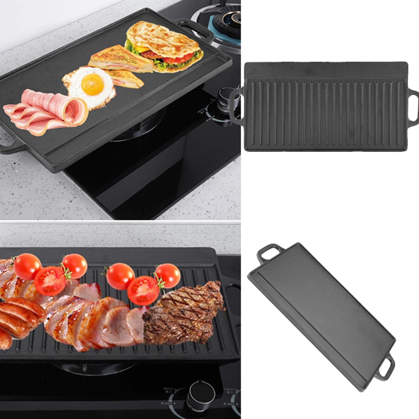 Non-Stick Cast Iron Grill Griddle Pan Ridged and Flat Double Sided Baking Cooking Tray Bakeware Griddle Pan Cast Iron Grill Pan