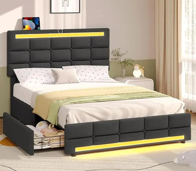 LED Full Size Upholstered Platform Bed Frame