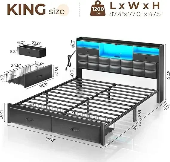 LED Bed Frame with Drawers and Charging Station