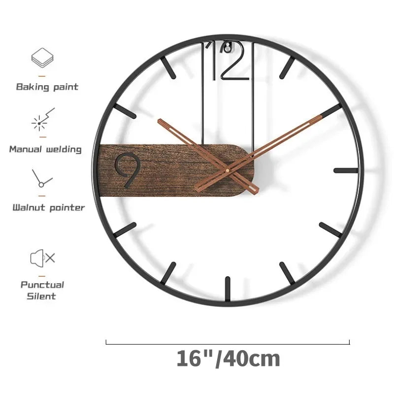 Iron Wall Clock Big Size 3D Nordic Metal Round Large Wall Watch Walnut Pionter Modern Clocks Decoration for Home Living Room