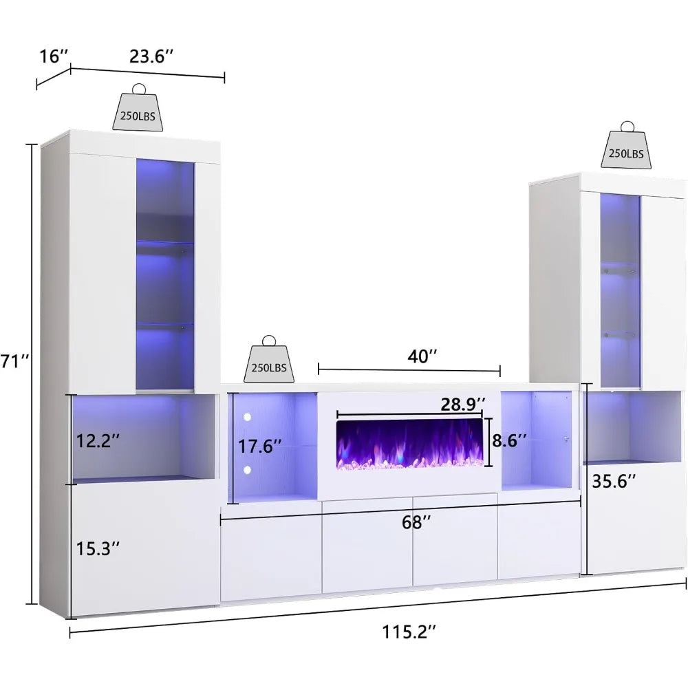 3 Piece Modern High Gloss Fireplace TV Stand + Bookcase Set for Living Room Includes 68" TV Stand with 40" Fireplace