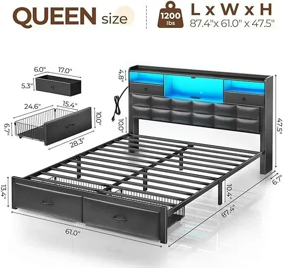 LED Bed Frame with Drawers and Charging Station