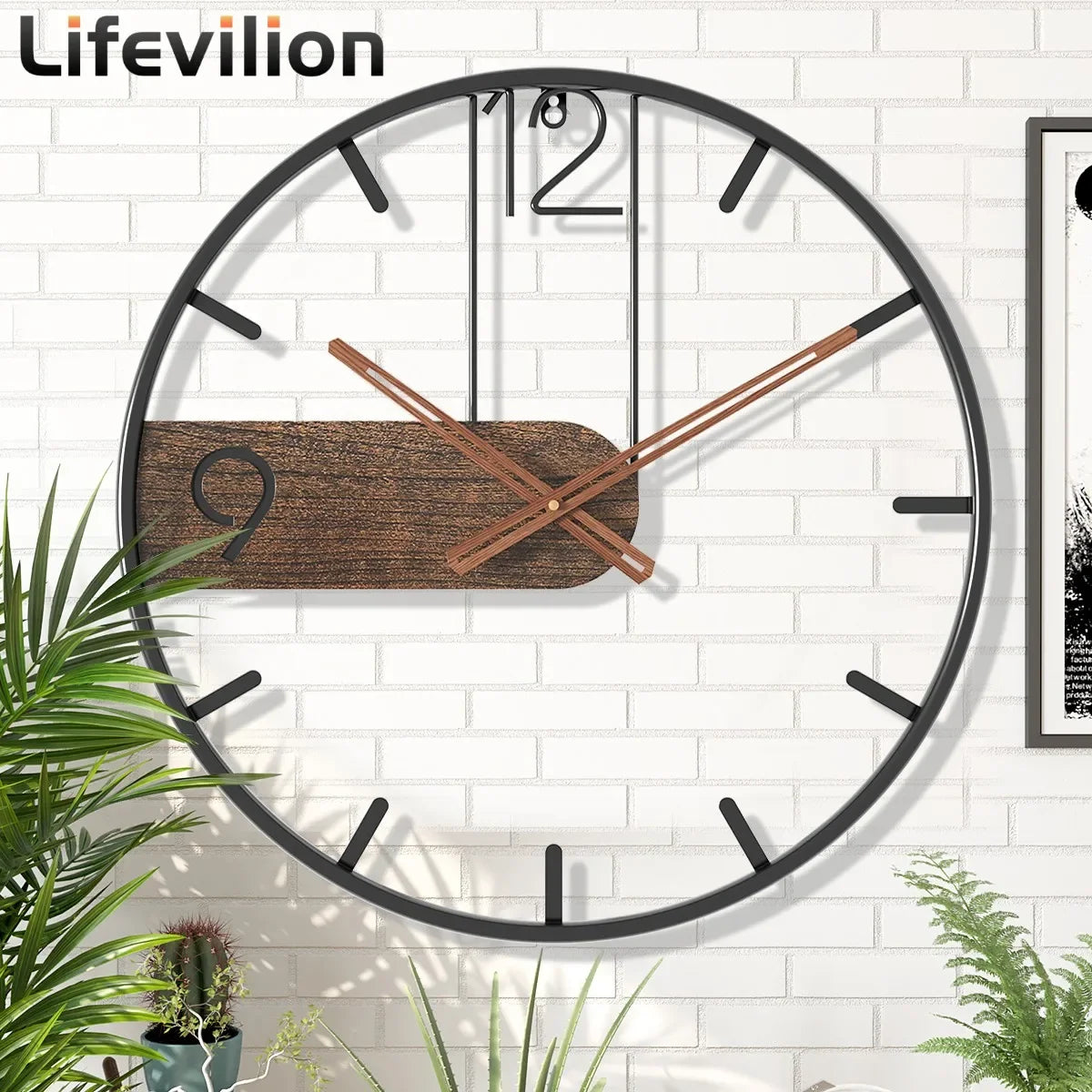 Iron Wall Clock Big Size 3D Nordic Metal Round Large Wall Watch Walnut Pionter Modern Clocks Decoration for Home Living Room