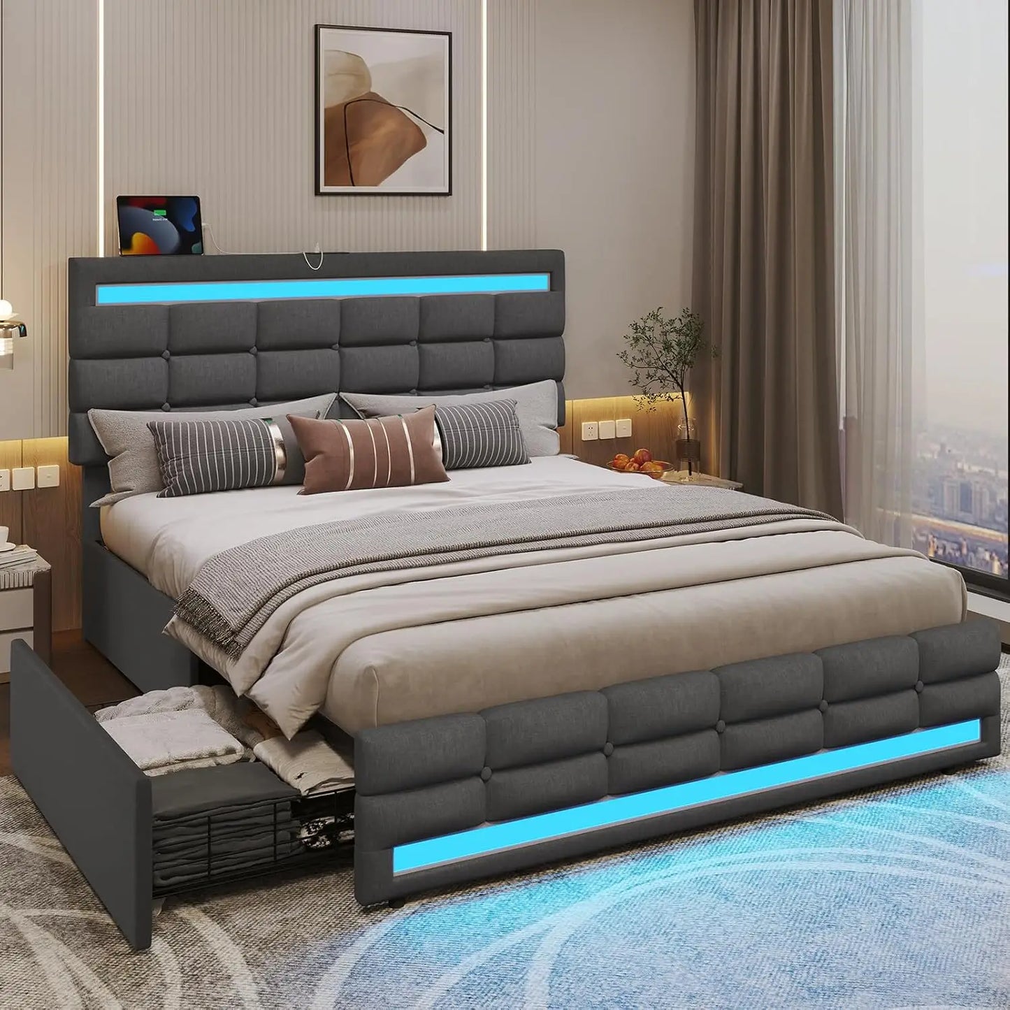 LED Full Size Upholstered Platform Bed Frame