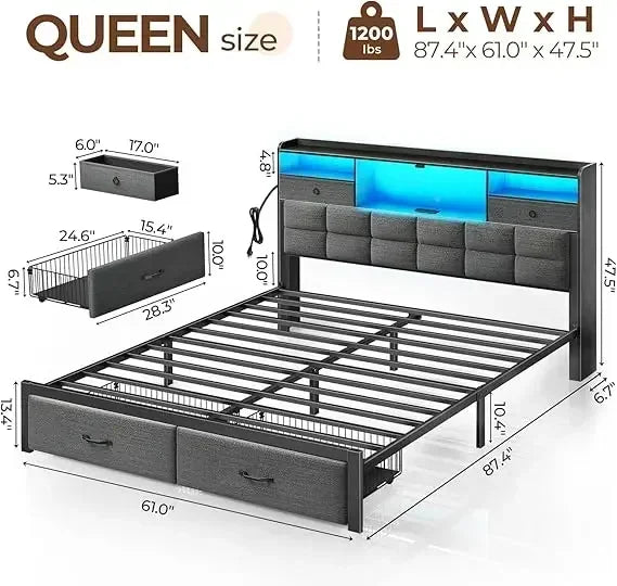 LED Bed Frame with Drawers and Charging Station