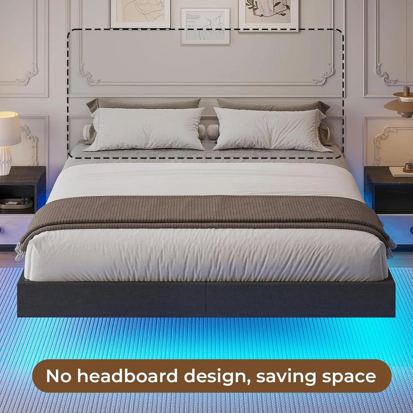 Floating LED Queen Bed Frame with Underbed Storage Space