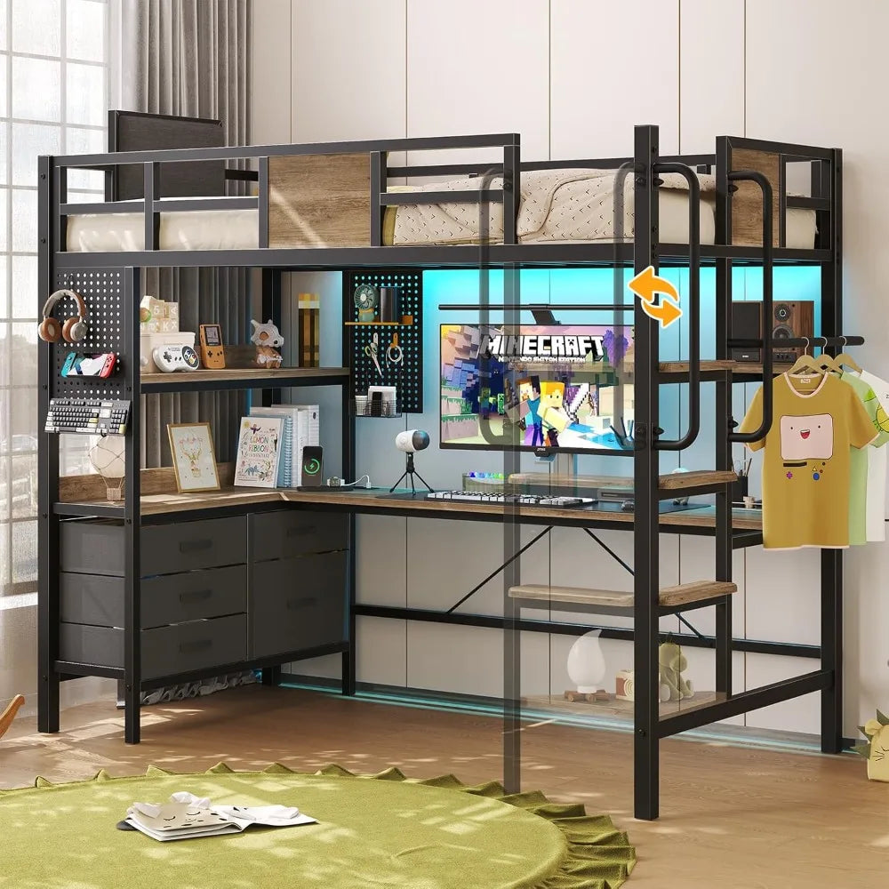 LED Twin Loft Bed with Desk and Storage, with Charging Station