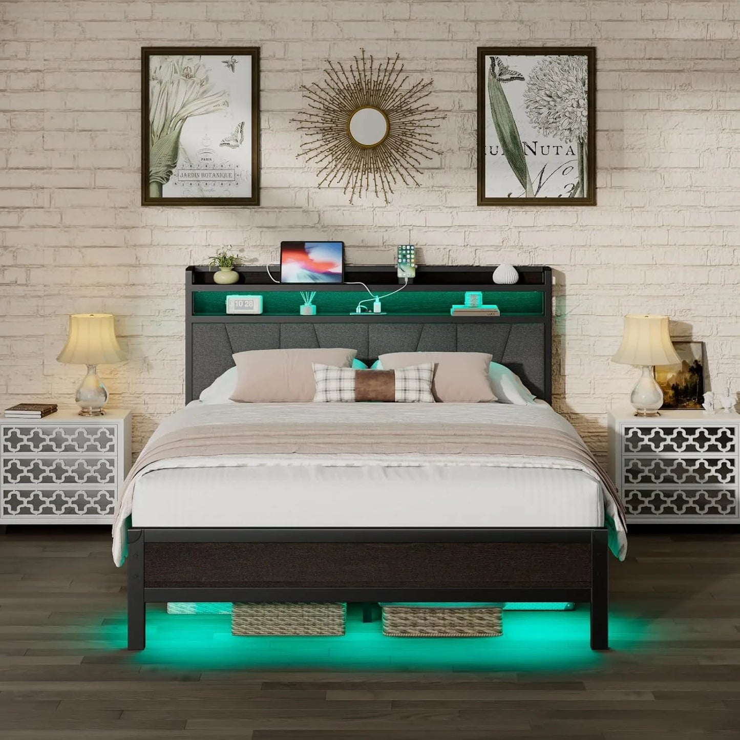 Queen Size LED Bed Frame with LED Lights & Charging Station, with 2-Tier Storage,