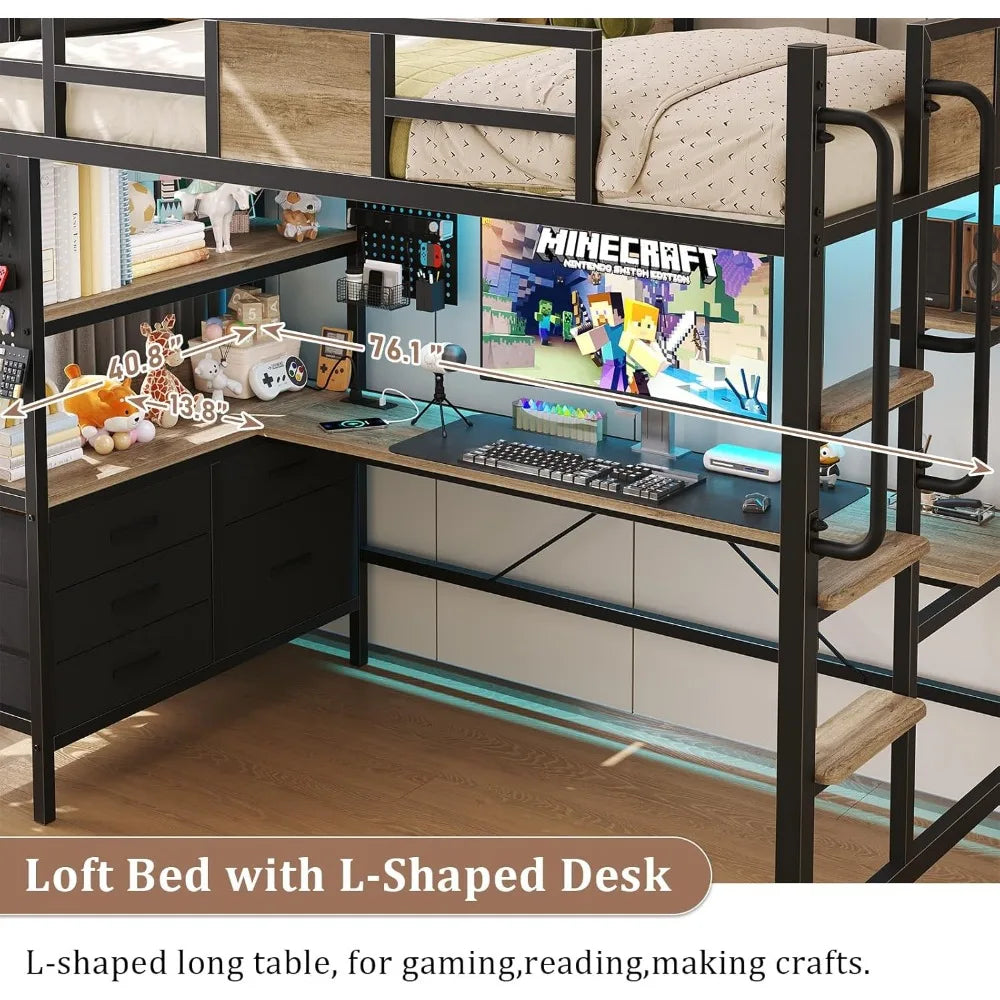 LED Twin Loft Bed with Desk and Storage, with Charging Station