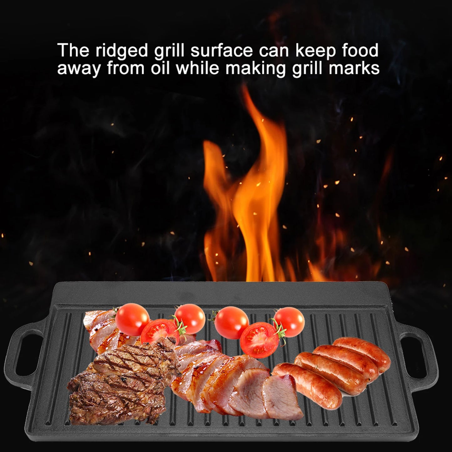 Non-Stick Cast Iron Grill Griddle Pan Ridged and Flat Double Sided Baking Cooking Tray Bakeware Griddle Pan Cast Iron Grill Pan