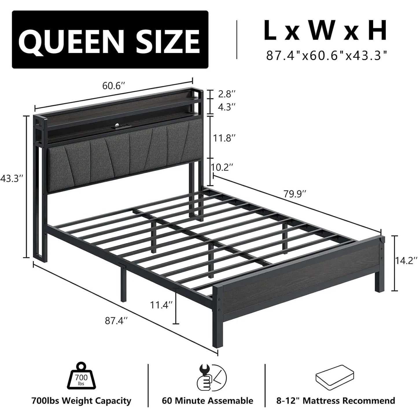 Queen Size LED Bed Frame with LED Lights & Charging Station, with 2-Tier Storage,