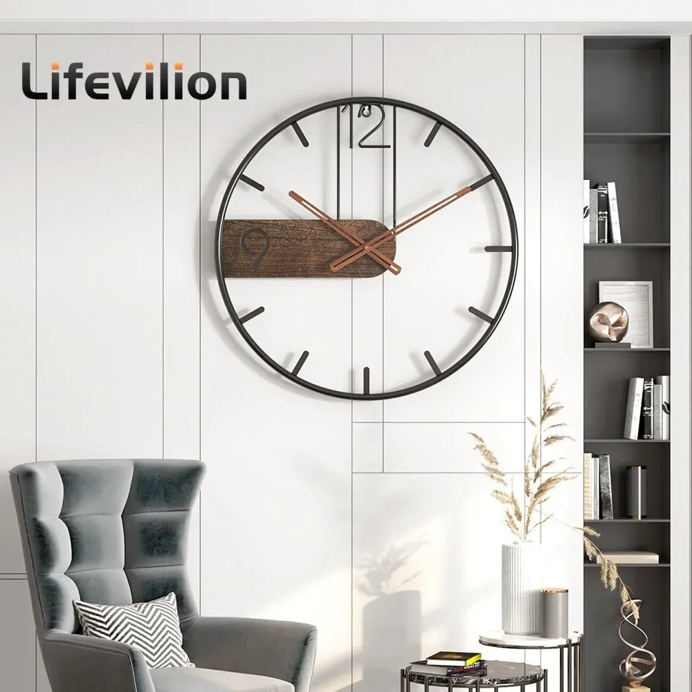 Iron Wall Clock Big Size 3D Nordic Metal Round Large Wall Watch Walnut Pionter Modern Clocks Decoration for Home Living Room