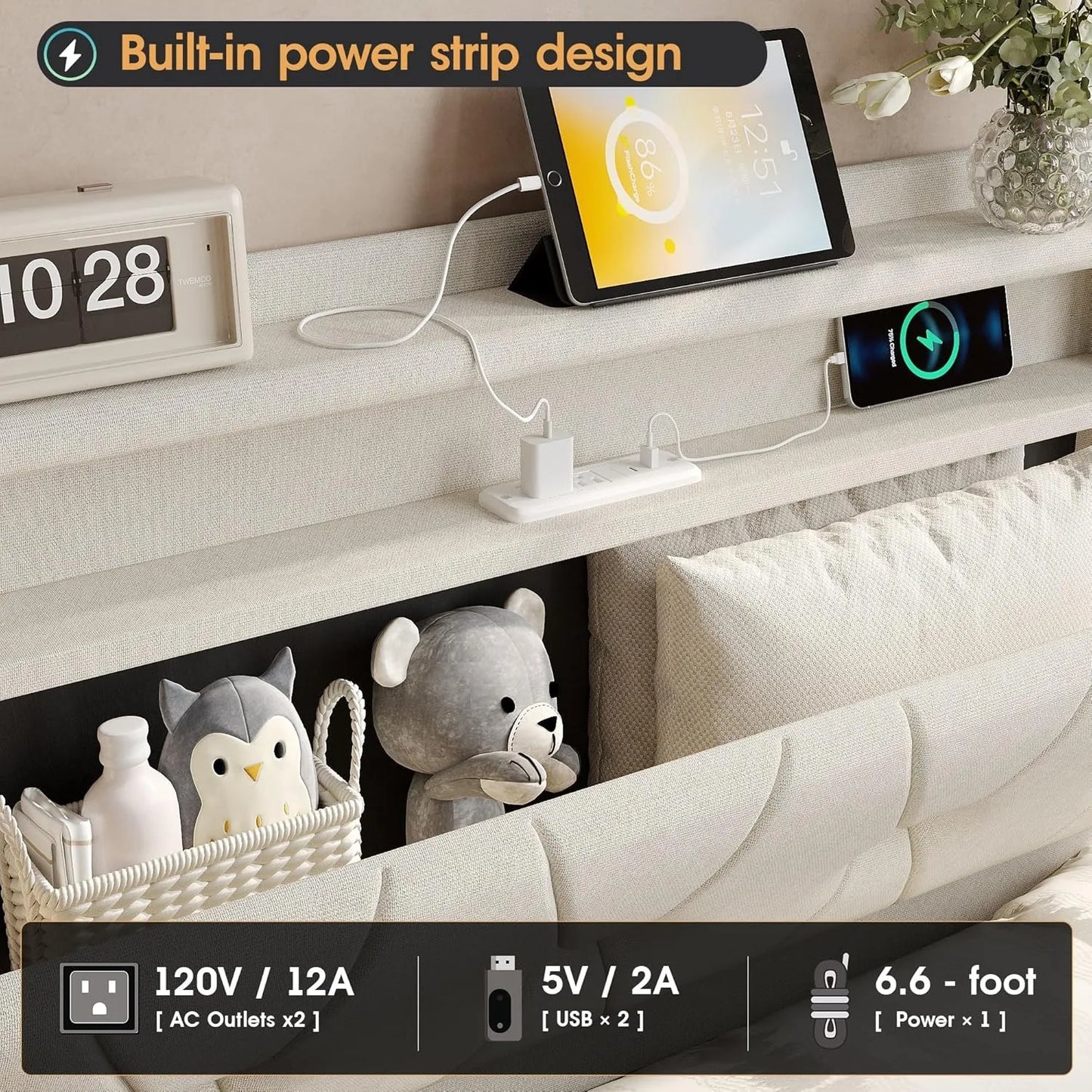 Twin Size Lift Up Bed Frame, Storage Headboard with Charging Station