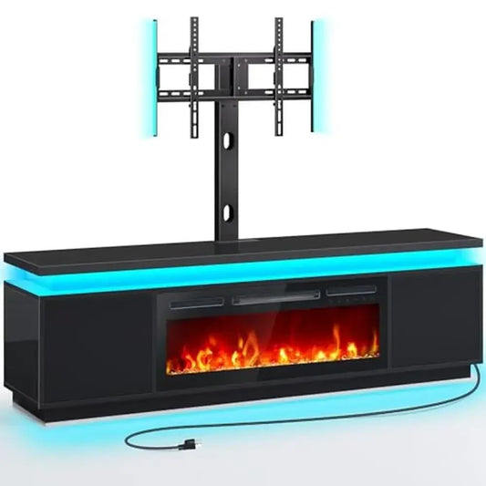 Fireplace TV Entertainment Center with Adjustable LED Lights Power Outlets and Swivel Mount