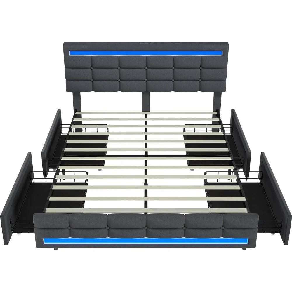 LED Full Size Upholstered Platform Bed Frame