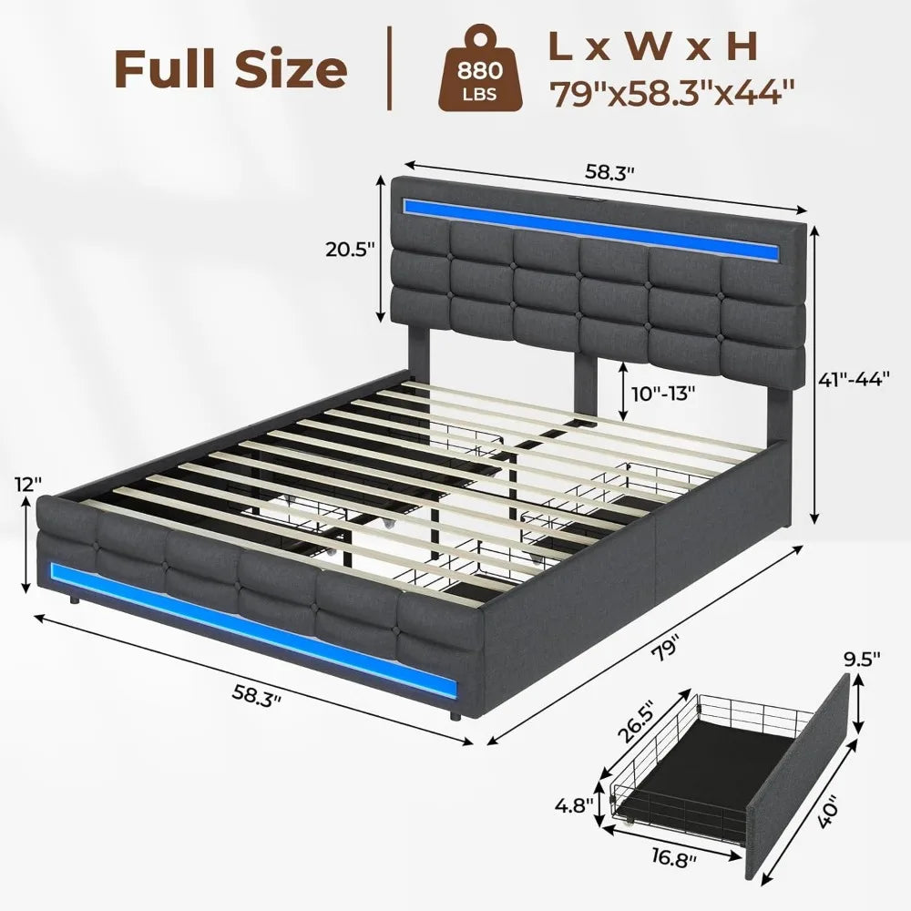 LED Full Size Upholstered Platform Bed Frame