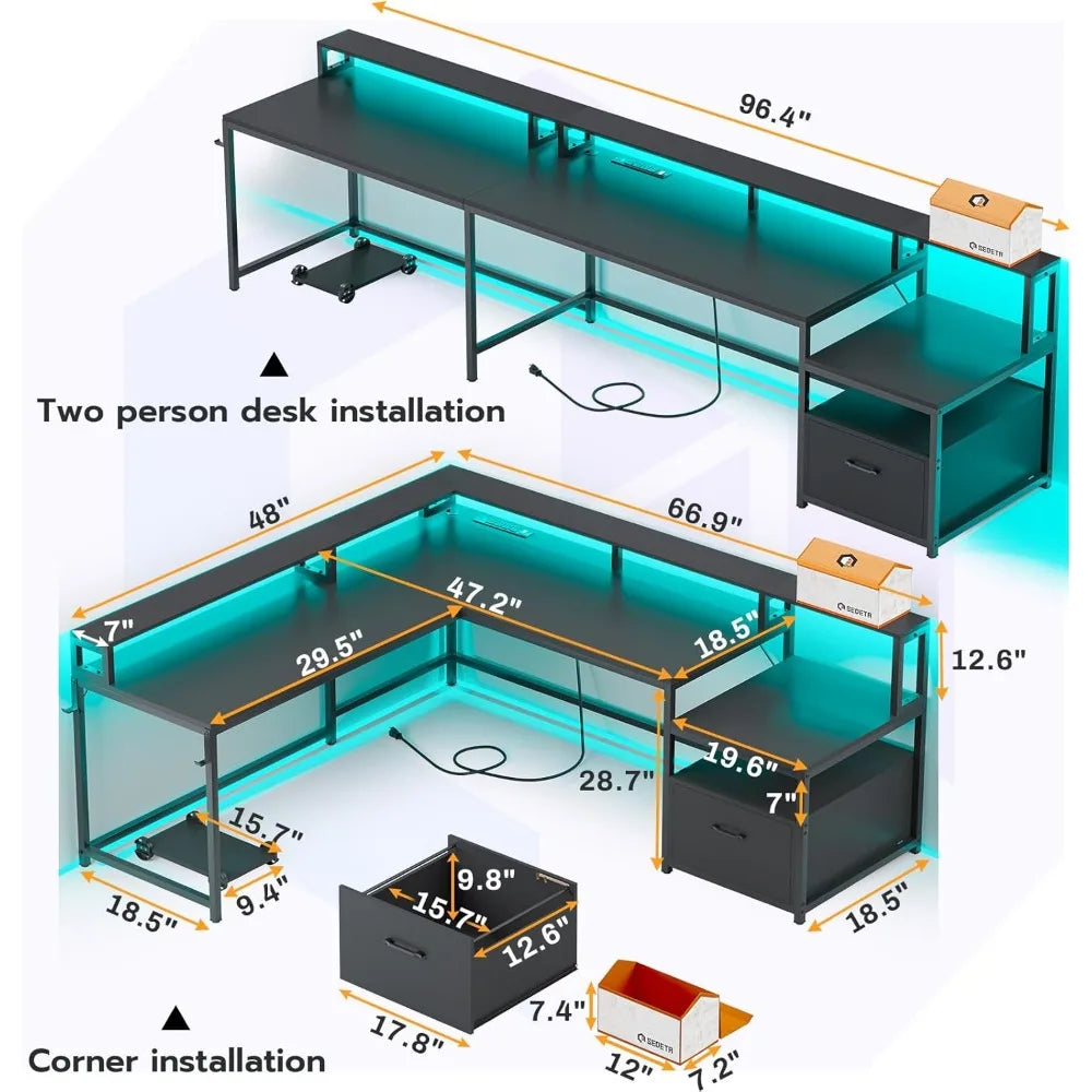 L Shaped Gaming Desk, 66" Home Office Desk with File Drawer & Power Outlet, Corner Gaming Computer Desk with Led Lights