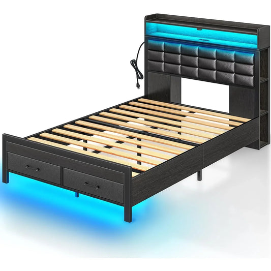 LED Bed Frame with Storage Headboard & 2 Drawers,Upholstered Platform Bed with Charging Station