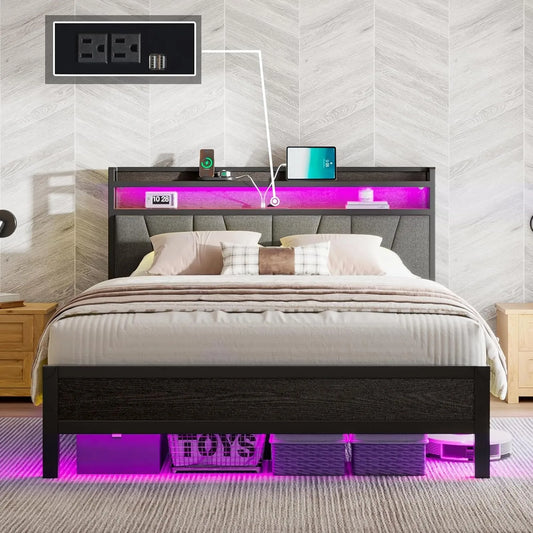 Queen Size LED Bed Frame with LED Lights & Charging Station, with 2-Tier Storage,