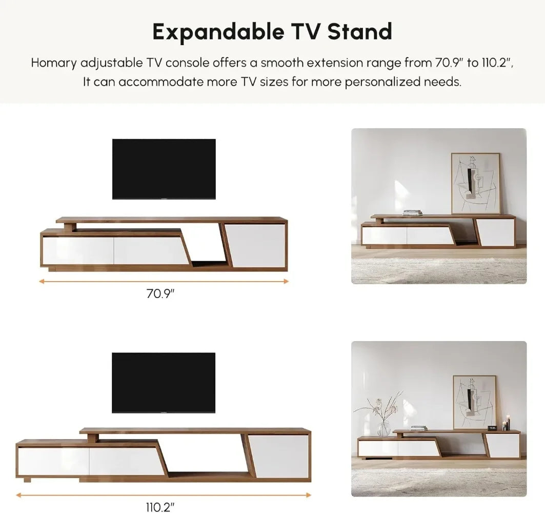 Extendable TV Stand with Stroage Minimalist Rectangle Entertainment Center White (Extendable: 70.9”W-110.2”W)