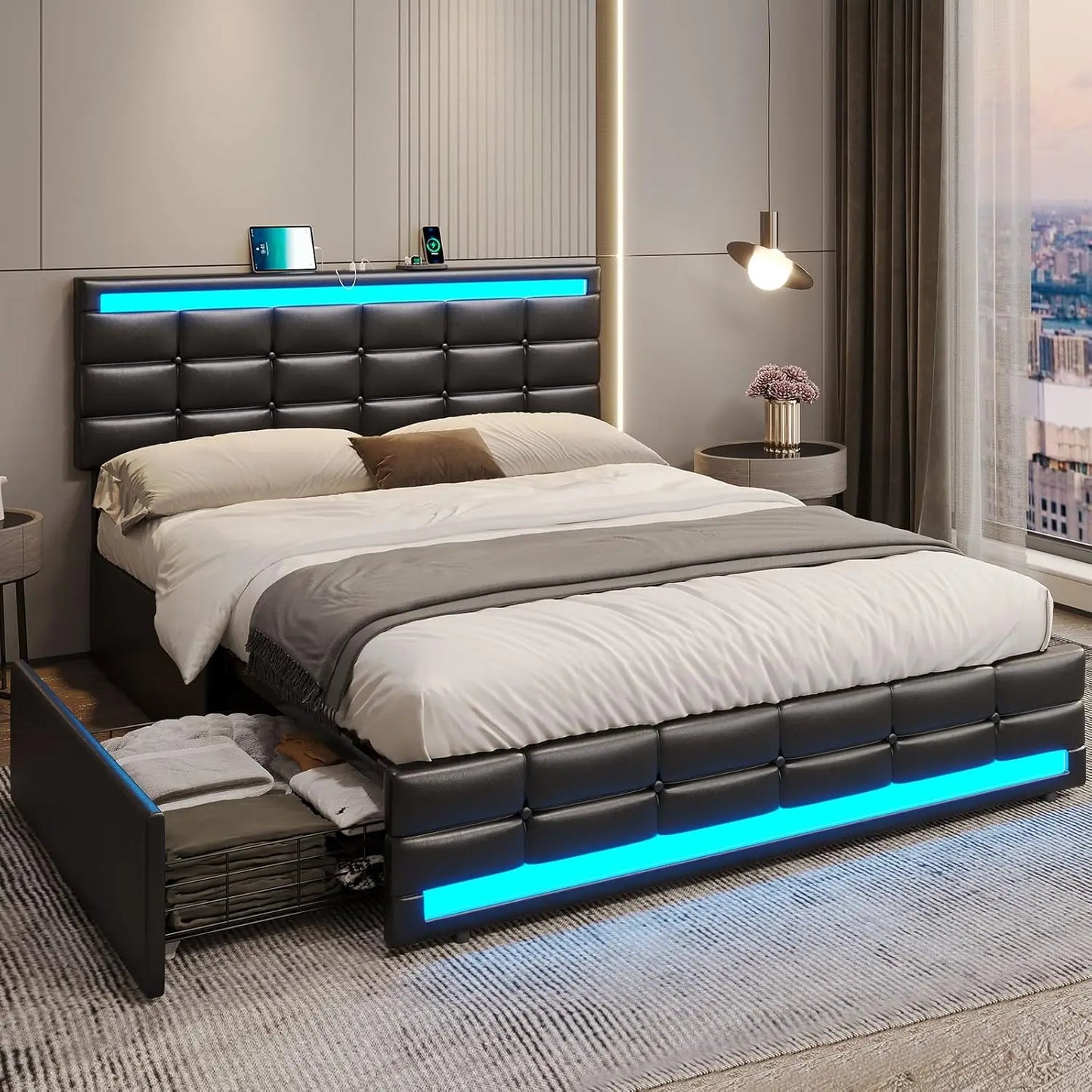 LED Full Size Upholstered Platform Bed Frame