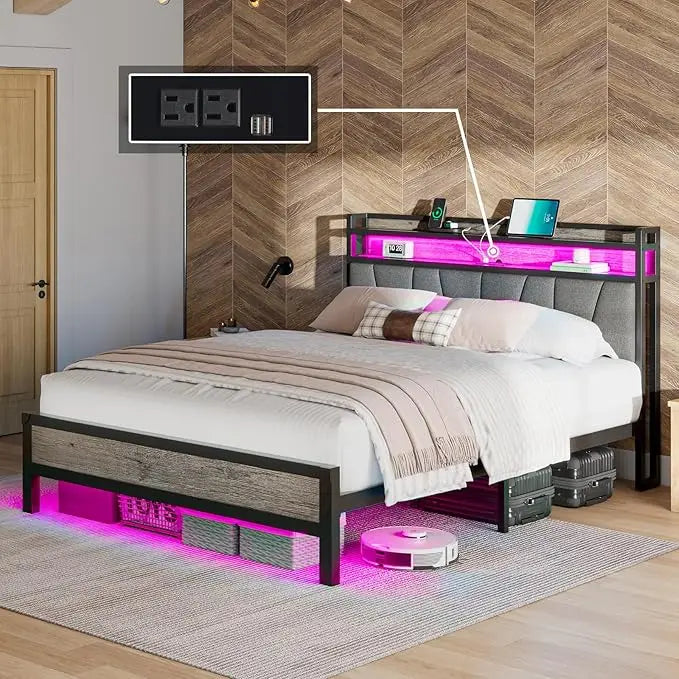 Queen Size LED Bed Frame with LED Lights & Charging Station, with 2-Tier Storage,