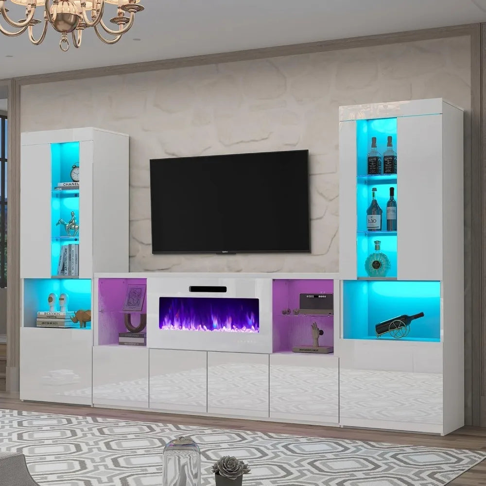 3 Piece Modern High Gloss Fireplace TV Stand + Bookcase Set for Living Room Includes 68" TV Stand with 40" Fireplace