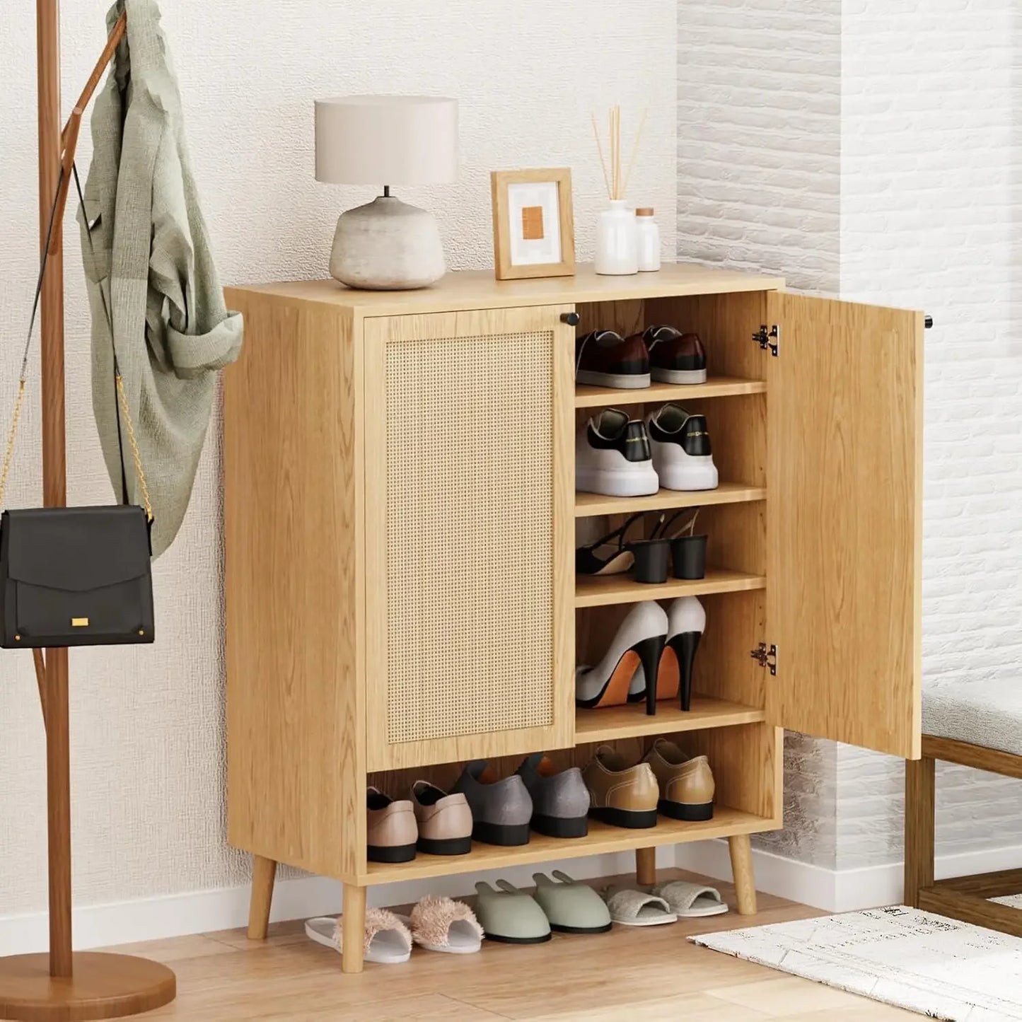 Shoe Cabinet with 2 Handmade Natural Rattan Flip Drawers