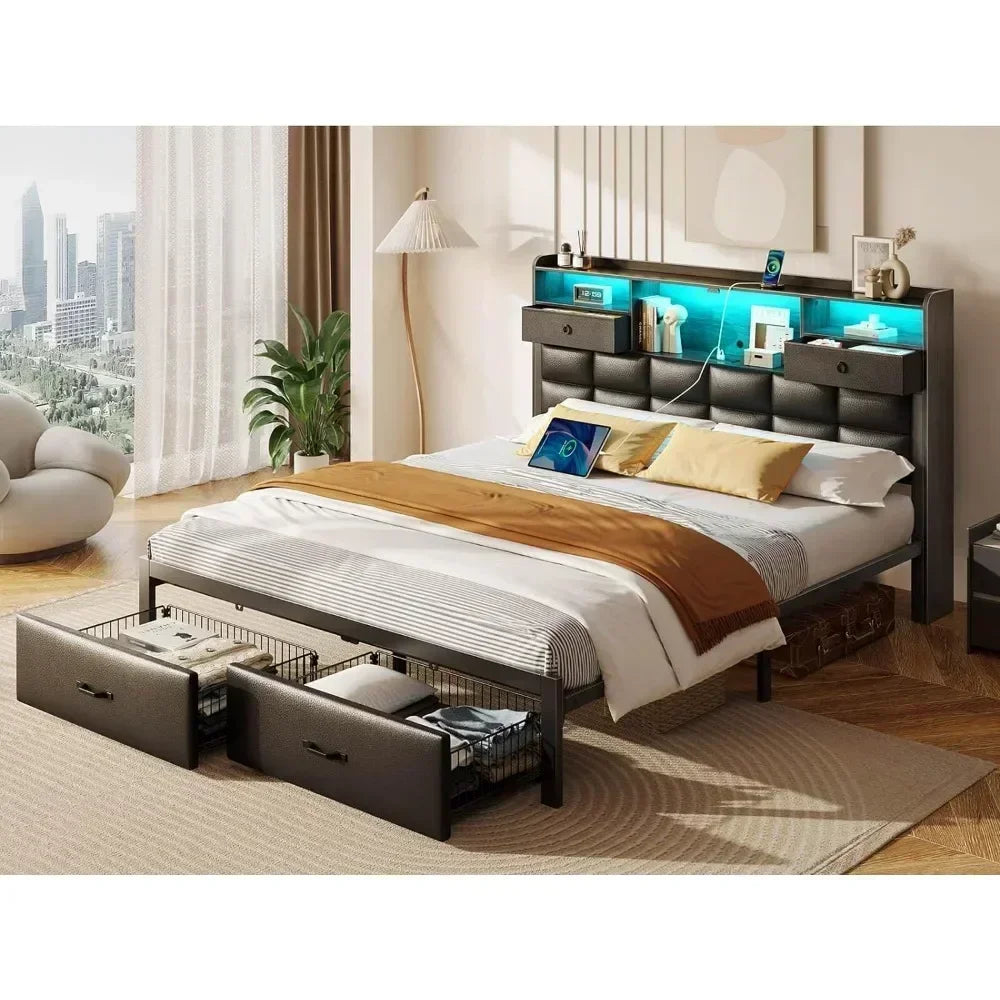 LED Bed Frame with Drawers and Charging Station