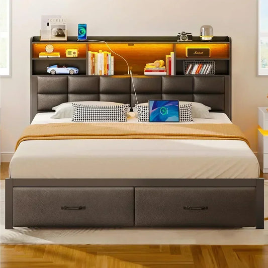 LED Bed Frame with Drawers and Charging Station