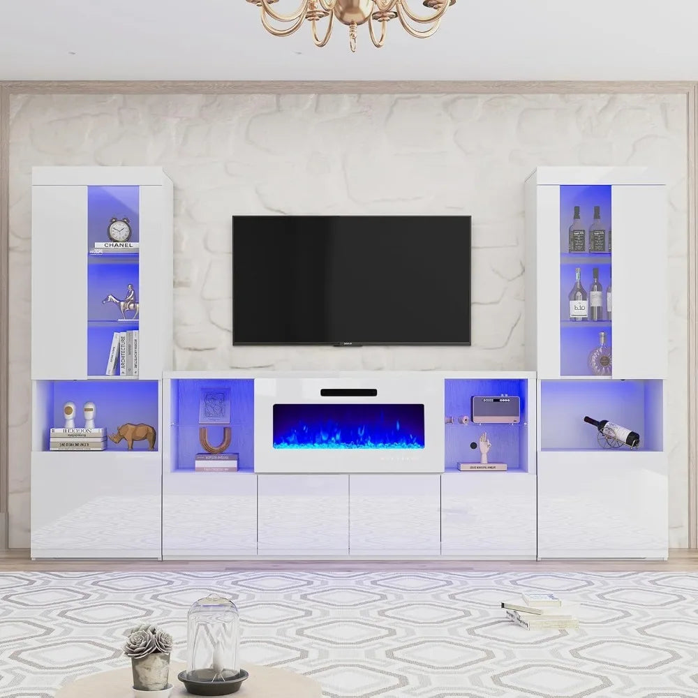 3 Piece Modern High Gloss Fireplace TV Stand + Bookcase Set for Living Room Includes 68" TV Stand with 40" Fireplace