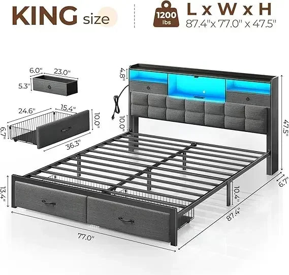 LED Bed Frame with Drawers and Charging Station