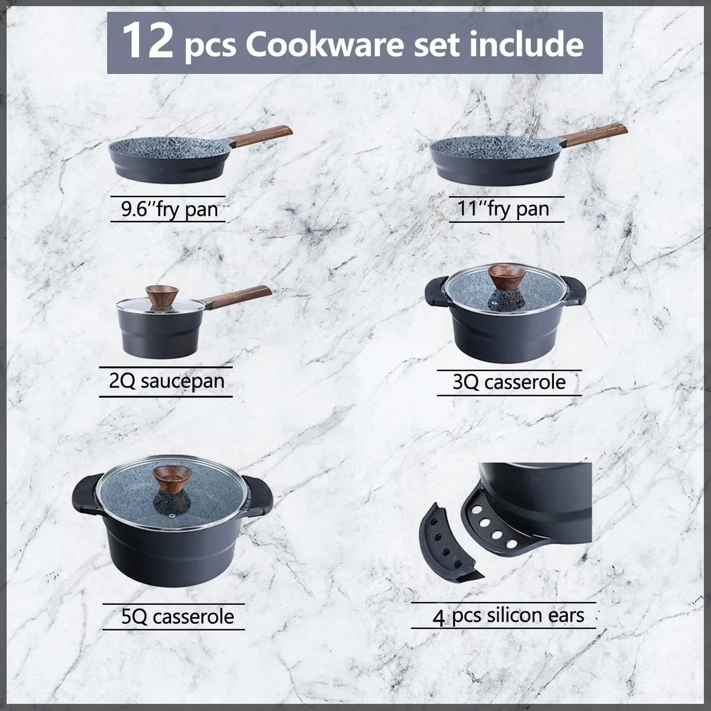 12Pcs Induction Kitchen Granite Coating Aluminum Non-Stick Cookware Set