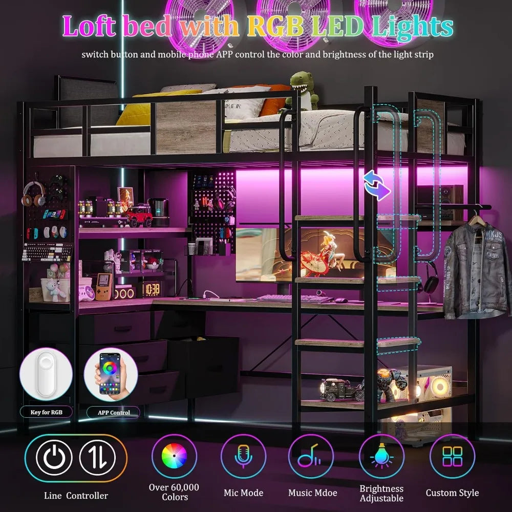 LED Twin Loft Bed with Desk and Storage, with Charging Station